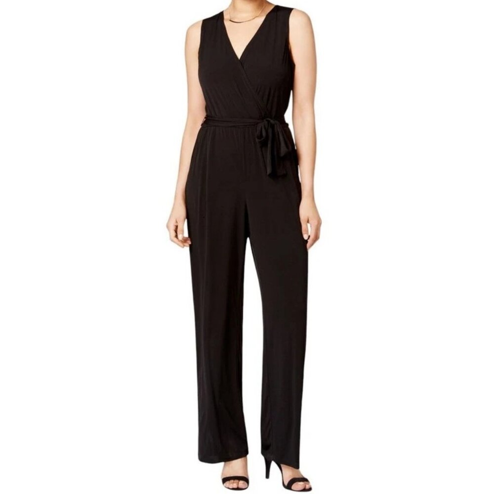 NY Collection Womens Petite Surplice V-Neck Belted Wide-Leg Jumpsuit, Black, PXL